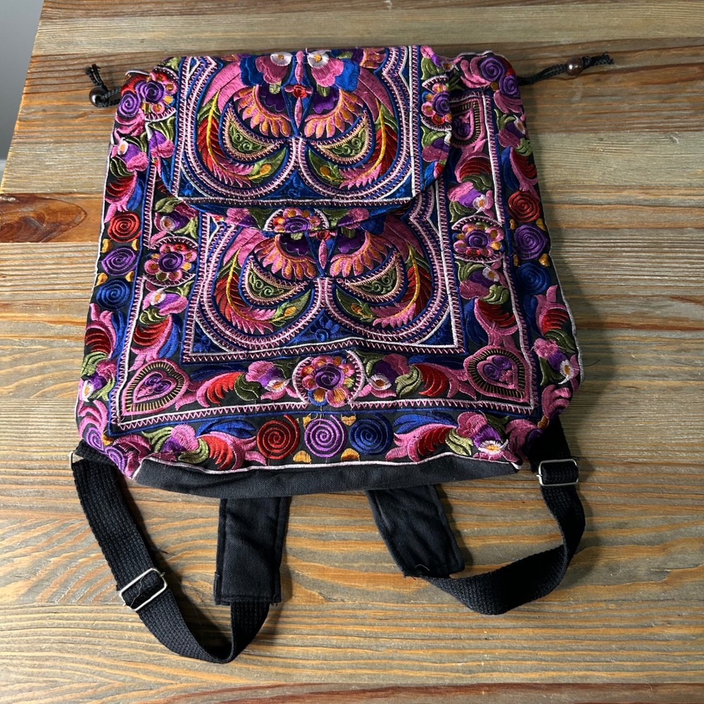 Boho Embroidered Canvas Backpack Multi Color Floral Tribal Folk Art‎ Bag